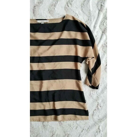 ✨️CL Ann Taylor Loft Brown Black Horizontal Stripe Lightweight Blouse Size XS - Picture 2 of 8